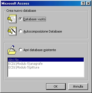 La finestra di apertura di Access '97